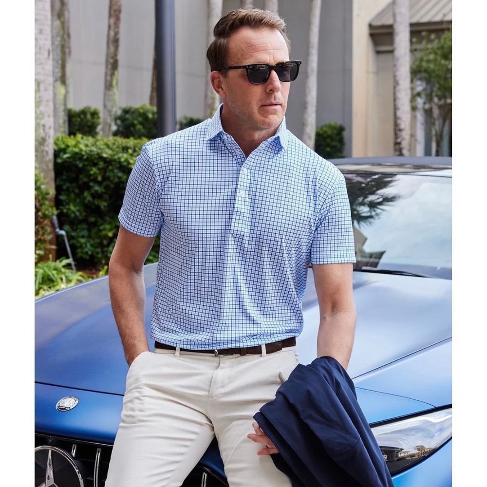 Collars & Co Mens LARGE Polo Shirt Blue White Tattersall Check Dress Collar NEW - Picture 2 of 10